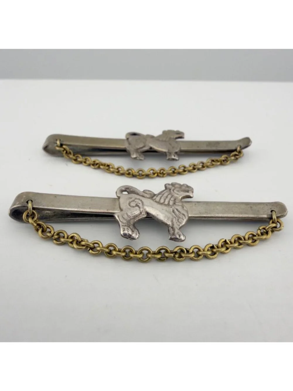 Vintage Nepal Guardian Lion Tie Bar Set of 2 Figural Silver Tone
